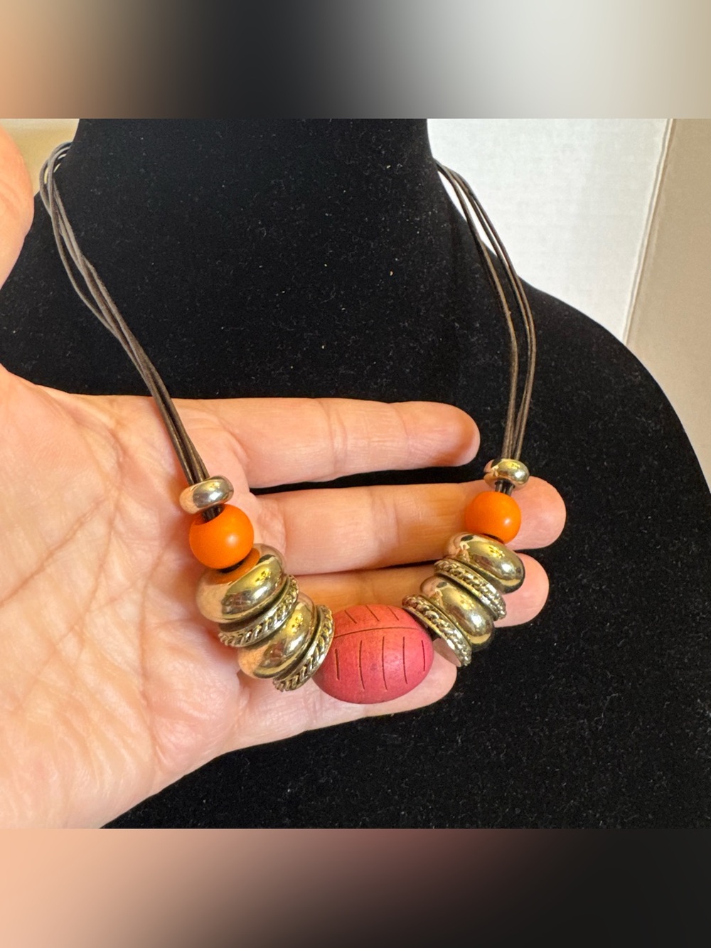 Chico's Necklace Orange Gold Beaded Chunky Leather Multi Stand Statement Jewelry - Picture 4 of 15